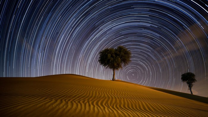 Desert night with star trails over sand dunes and trees in Dubai