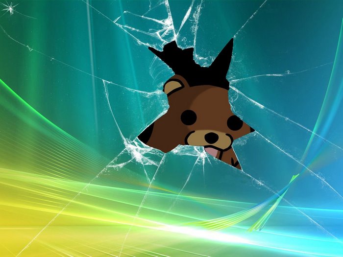 Bear peeking through cracked Windows Vista wallpaper