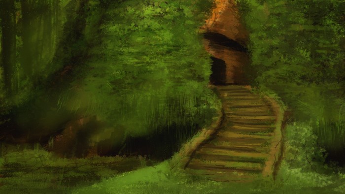 Digital painting of a forest path leading to a cave entrance