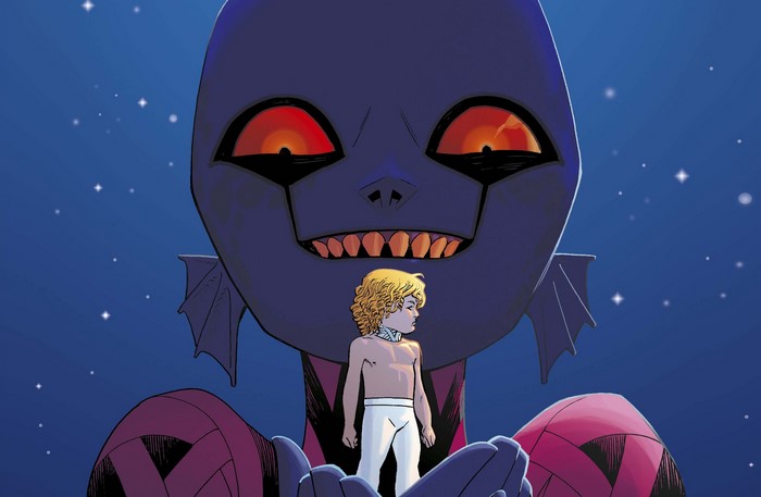 Boy and Giant Alien Monster in Space