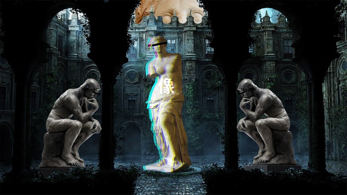 The Thinker statues and Venus de Milo in courtyard