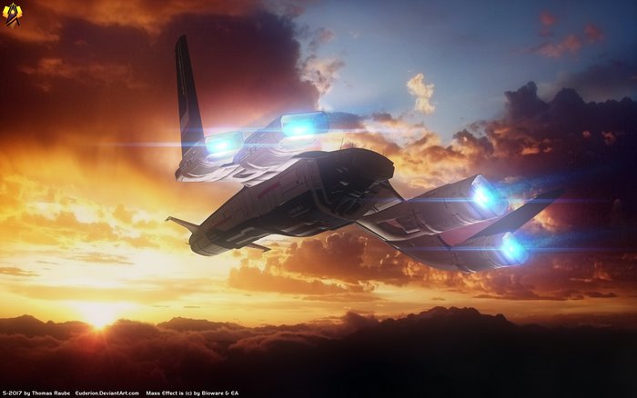 Tempest ship from Mass Effect: Andromeda flying through clouds at sunset