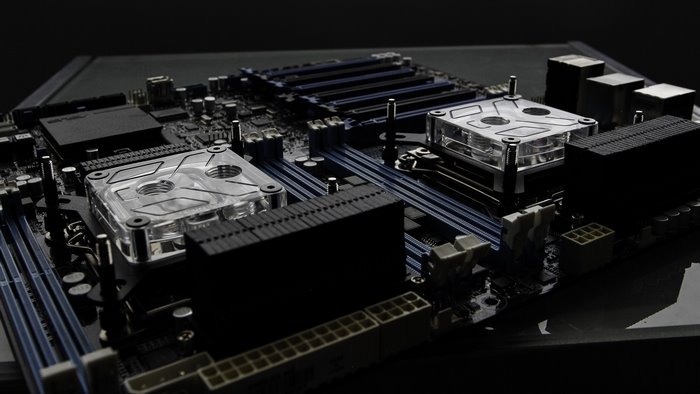 EKWB motherboard with water cooling blocks