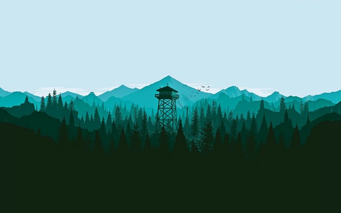 Firewatch tower in a forest with mountains
