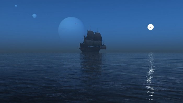 Sailing ship on the sea under a misty night sky with moons