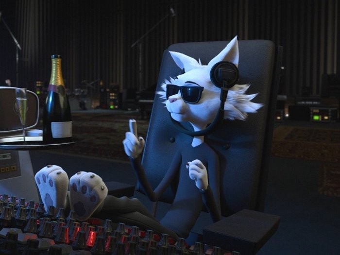 Animated cat with headphones and sunglasses at a soundboard