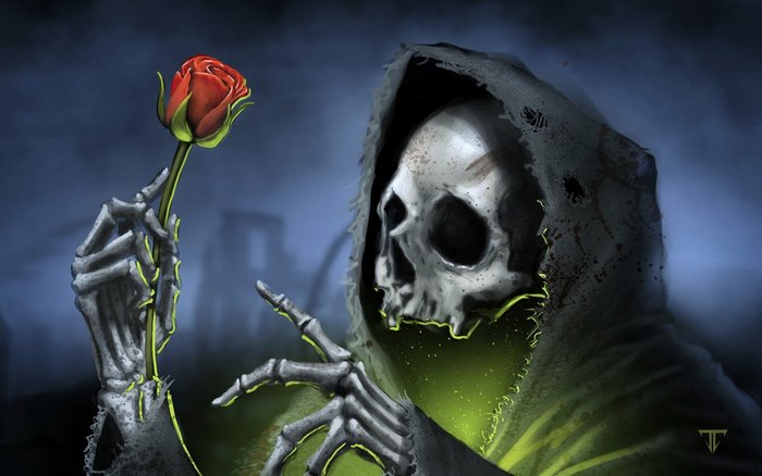 Grim Reaper Holding a Red Rose