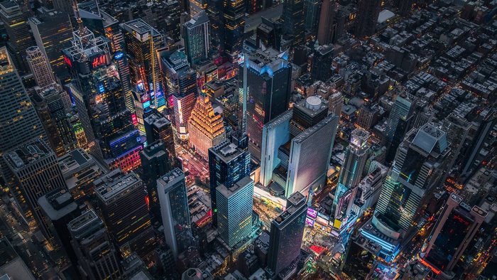 Aerial view of Times Square, New York City at night