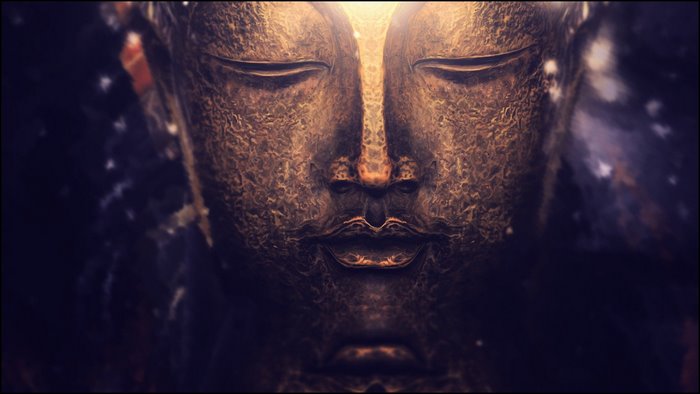 Buddha face with bokeh lights