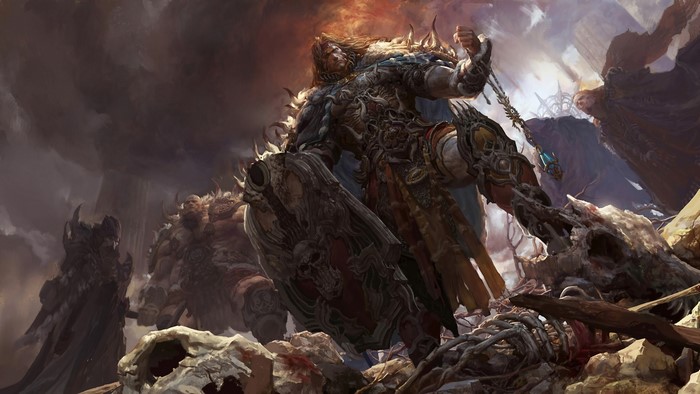 Warrior in fantasy battle with skeletal remains