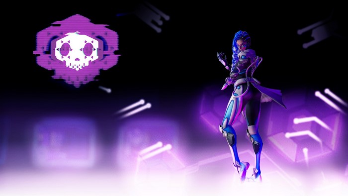 Sombra from Overwatch with digital skull logo