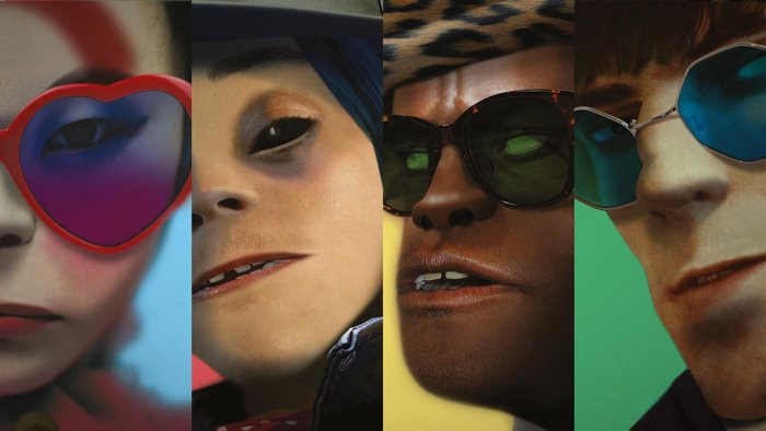 Gorillaz band members Noodle, 2D, Murdoc, and Russel