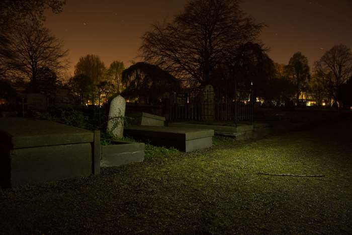 Cemetery at night with tombstones and trees
