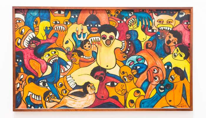 Abstract painting of colorful monsters and figures