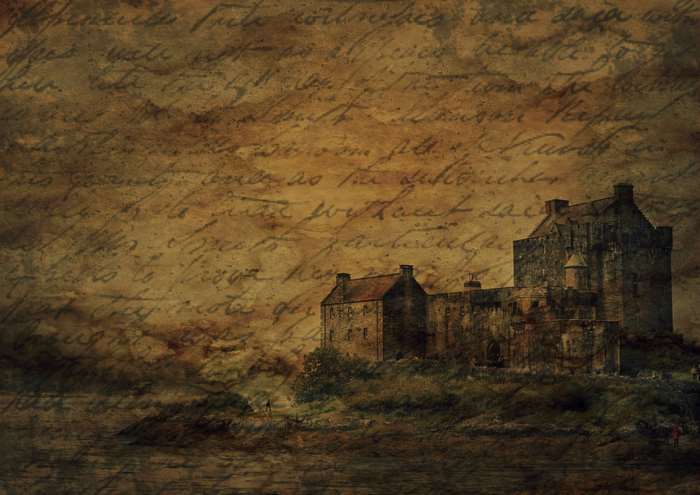 Vintage castle on a hill with handwritten script overlay