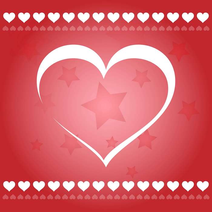 White Heart and Stars on Red Background with Hearts Border