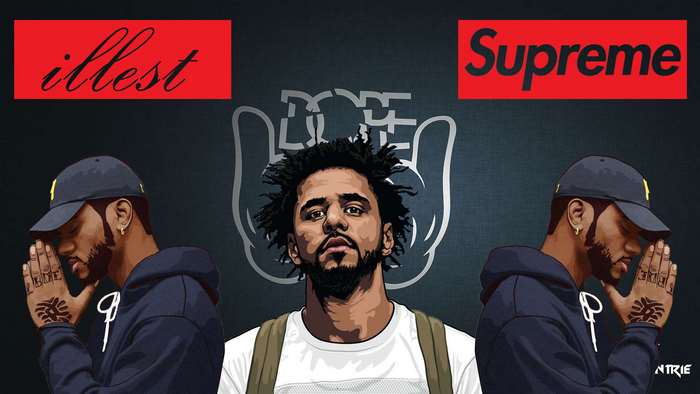 J. Cole and two other men with 'illest' and 'Supreme' logos