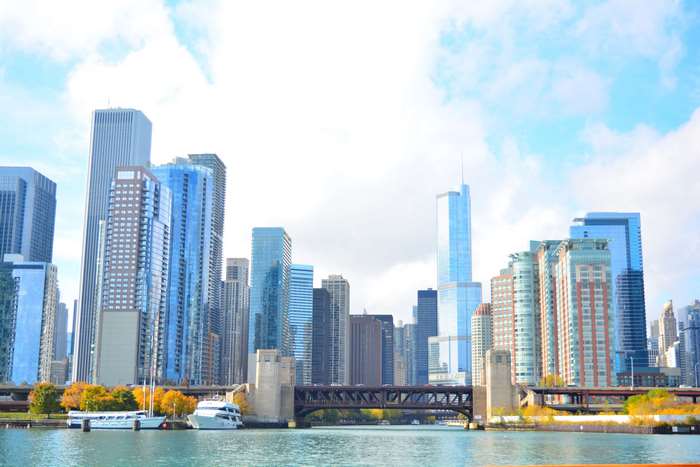 Chicago Skyline with River and Bridge 4K