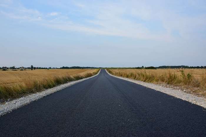 Asphalt road through a golden field under a cloudy sky