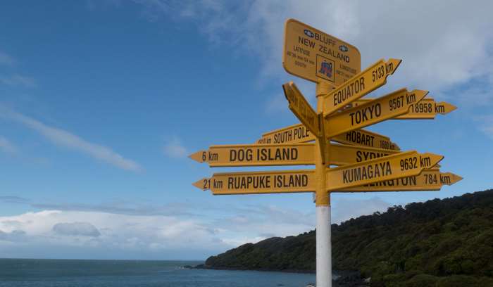Bluff New Zealand distance signs