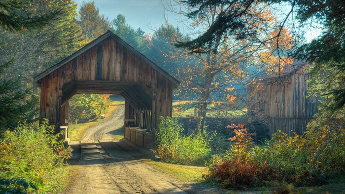 Covered bridge and barn in autumn forest