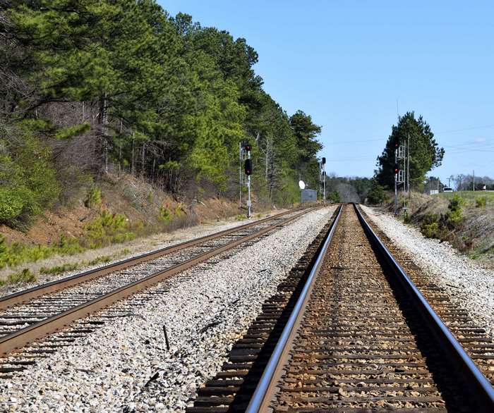 Railroad tracks with signals and trees