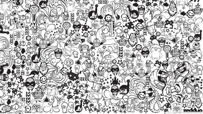 Black and White Doodle Art with Cartoon Characters