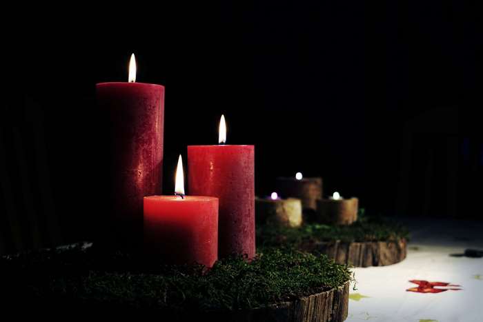 Red candles on mossy wood bases in the dark