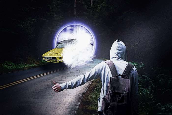 Man hitchhiking to a yellow car through a portal
