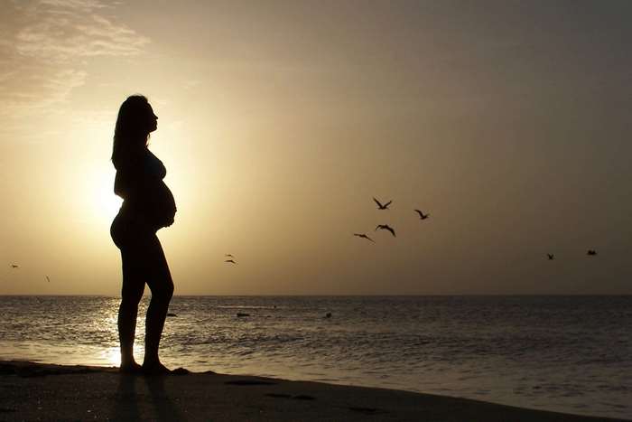 Pregnant woman silhouette on beach at sunset with birds