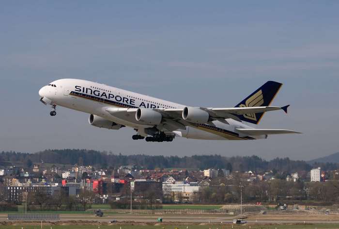 Singapore Airlines Airbus A380 taking off from Zurich Airport