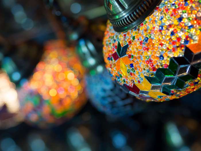 Colorful mosaic Turkish lamps in a market