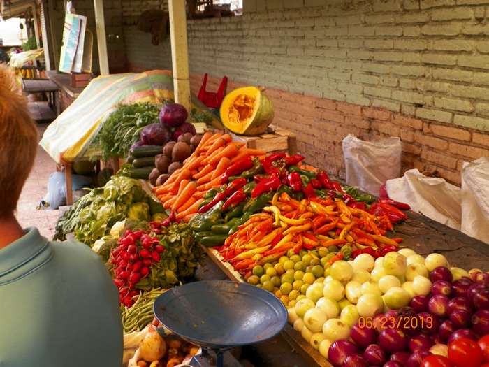 Farmers market with colorful vegetables and fruits