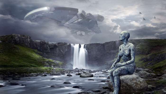 Alien figure by waterfall with UFO overhead