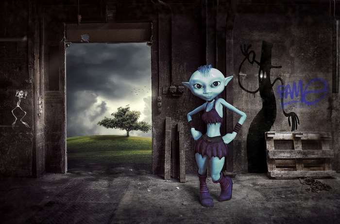 Fantasy creature in a doorway with graffiti