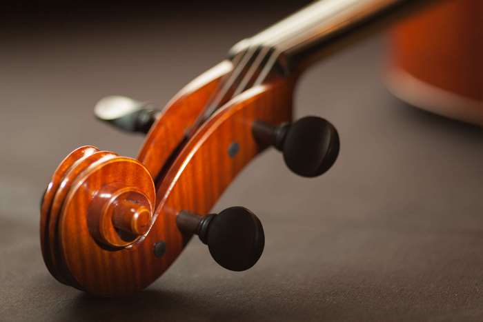 Close-up of a Violin Scroll and Tuning Pegs