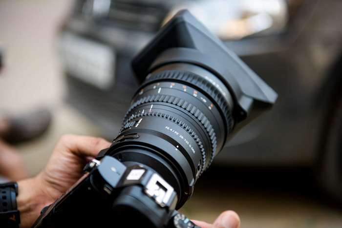 Close-up of a professional cinema camera lens
