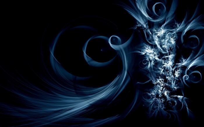 Abstract blue and white fractal patterns on black background