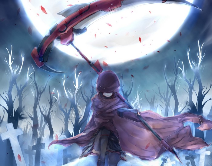 Girl with scythe in a graveyard under the moon