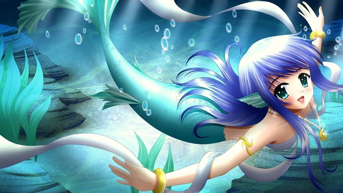 Anime mermaid girl with blue hair swimming underwater