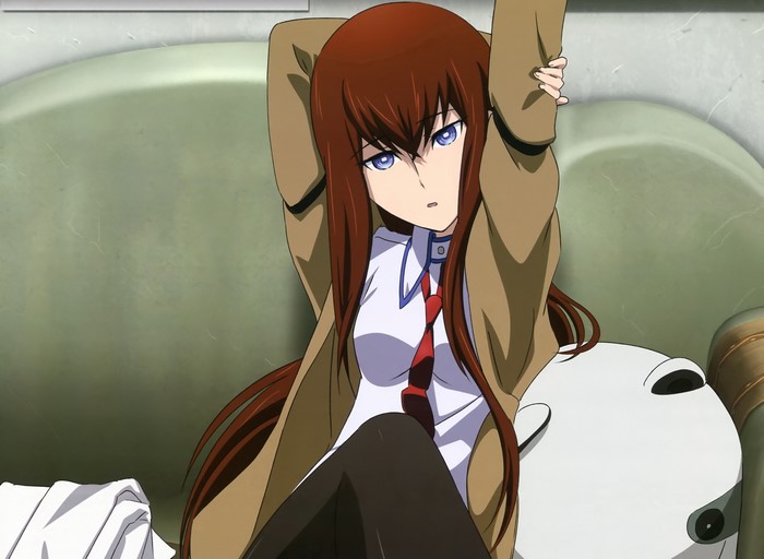 Kurisu Makise from Steins;Gate posing on a couch