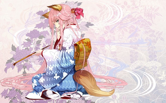 Kitsune girl in kimono with fox ears and tail