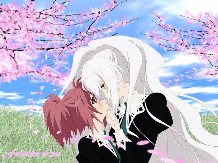 Anime girls kissing under cherry blossoms