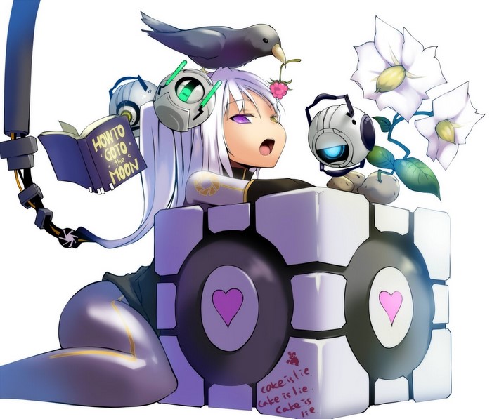 Girl with Portal robots and bird