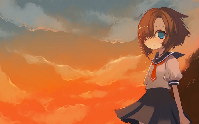 Girl in school uniform against a sunset sky