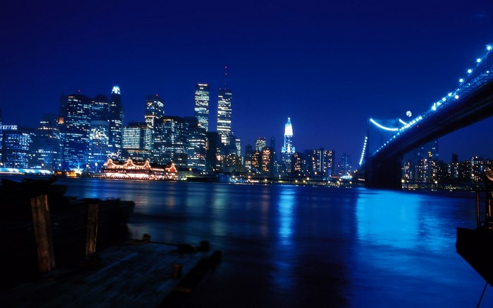 New York City Skyline and Brooklyn Bridge at Night
