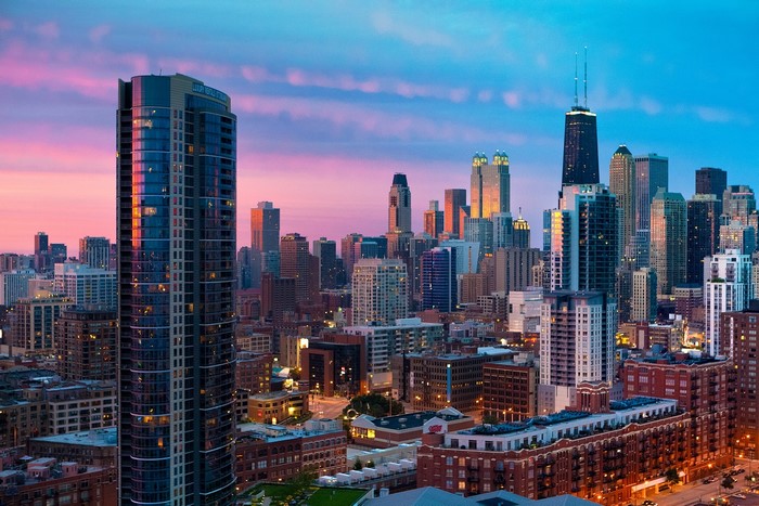 Chicago skyline at sunset with skyscrapers