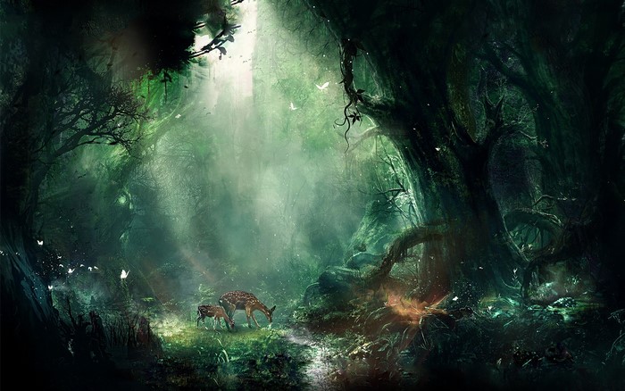 Mystical Night Jungle with Deer and Butterflies