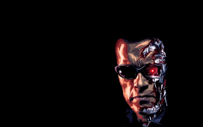 Terminator with exposed mechanical face and red eye