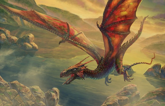 Dragon flying with a chain over rocky terrain